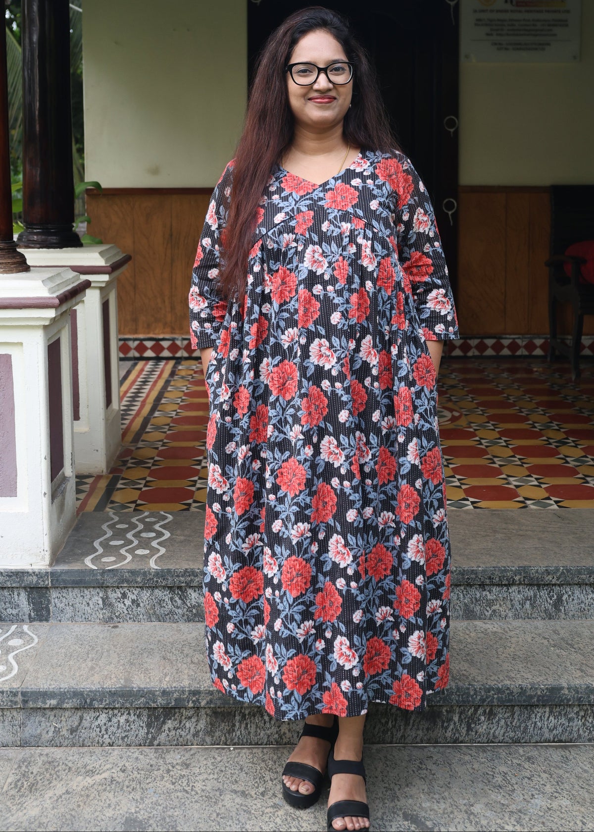 Midnight Bloom Kantha Cotton Maternity Dress