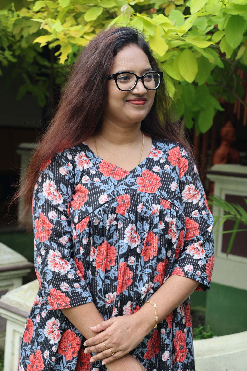 Midnight Bloom Kantha Cotton Maternity Dress
