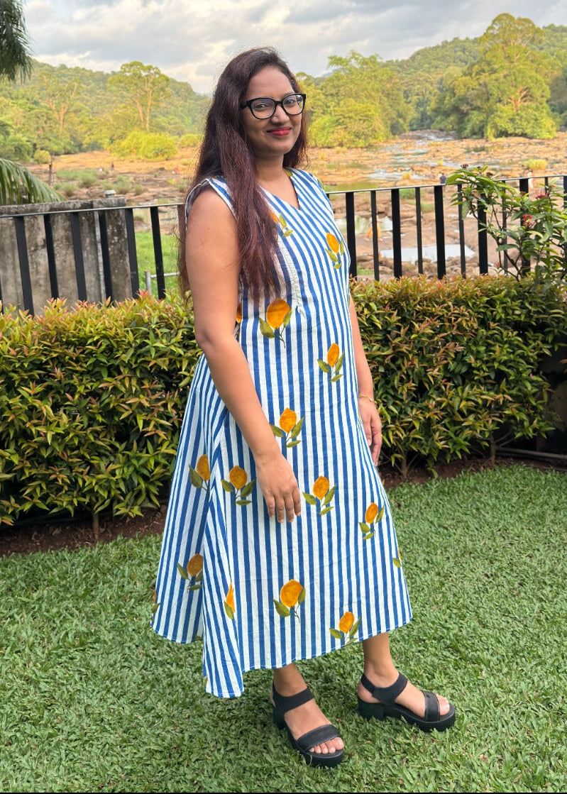 Lemon Stripes Jaipur Cotton Maternity Dress