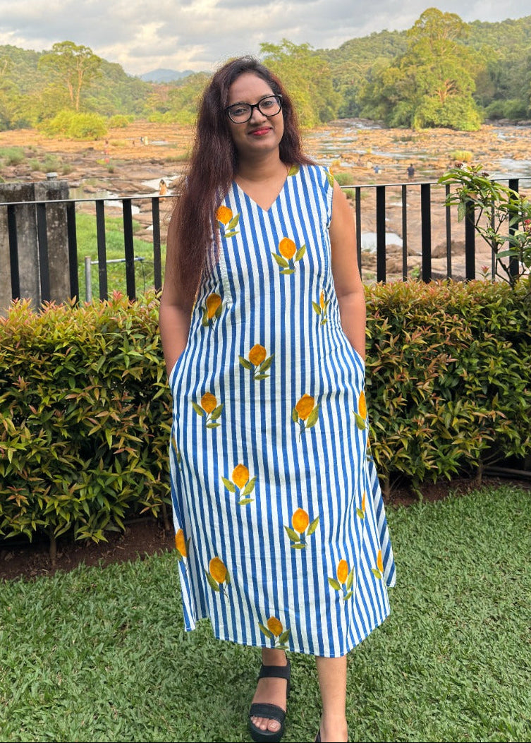 Lemon Stripes Jaipur Cotton Maternity Dress